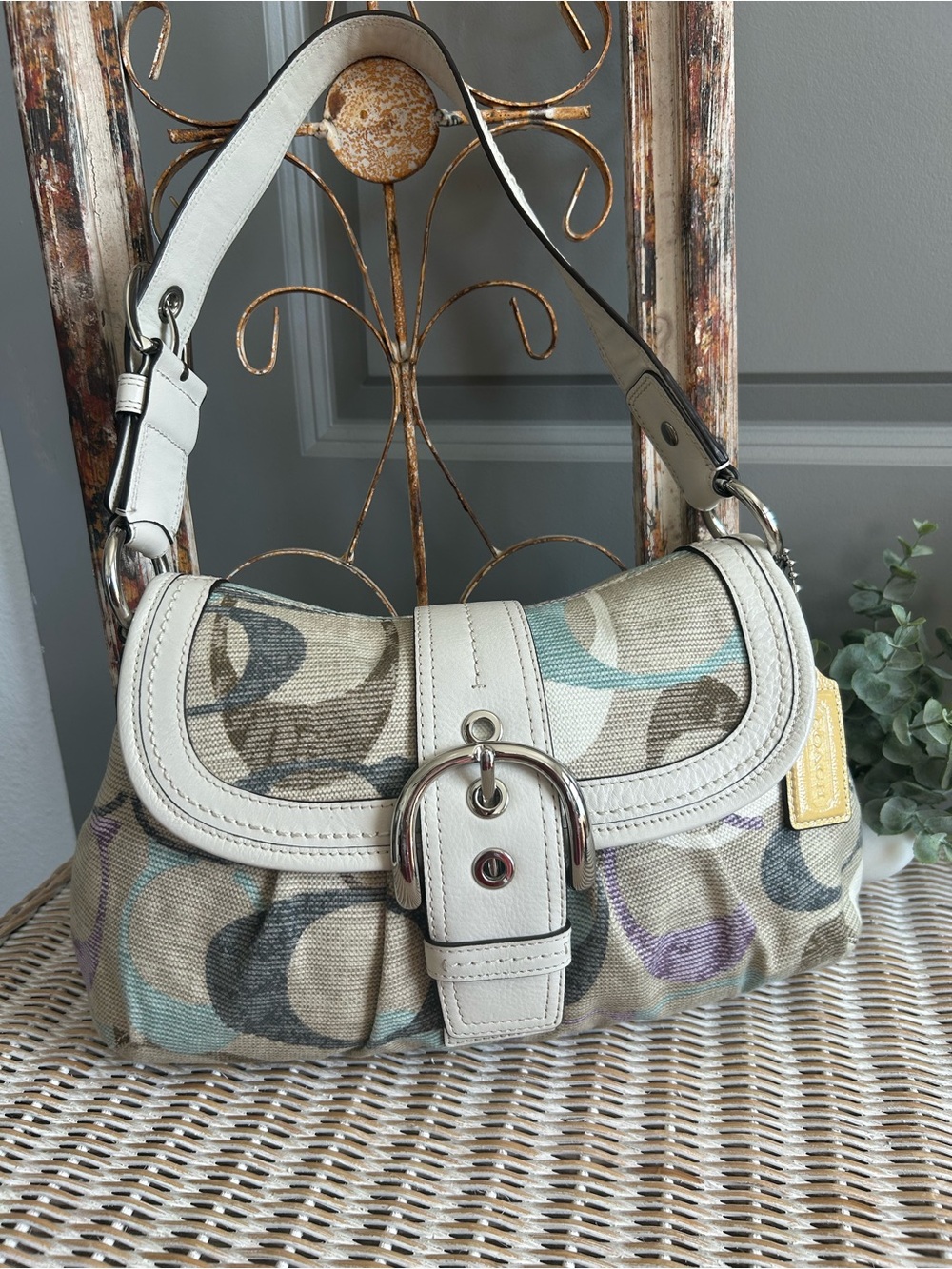 Coach Soho Optic Signature Flap Bag Canvas Leather Shoulder Purse Y2K